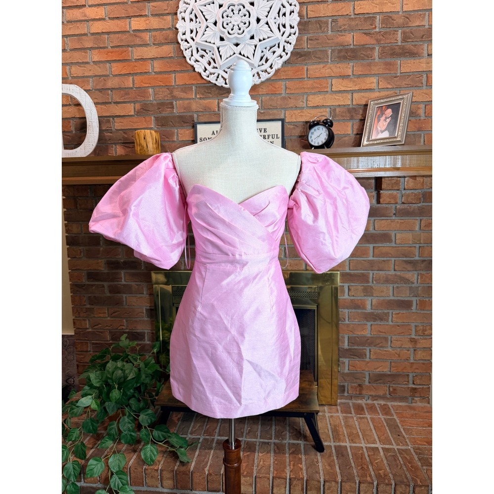 ALIEVA Kayla Mini Dress Women Pink Puff Sleeve Off Shoulder S NWT